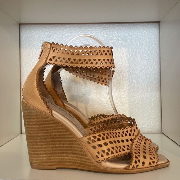 Jeffrey Campbell Tan Leather Cutout Wedge Sandals Womens Boho Resort Festival - Picture 4 of 11